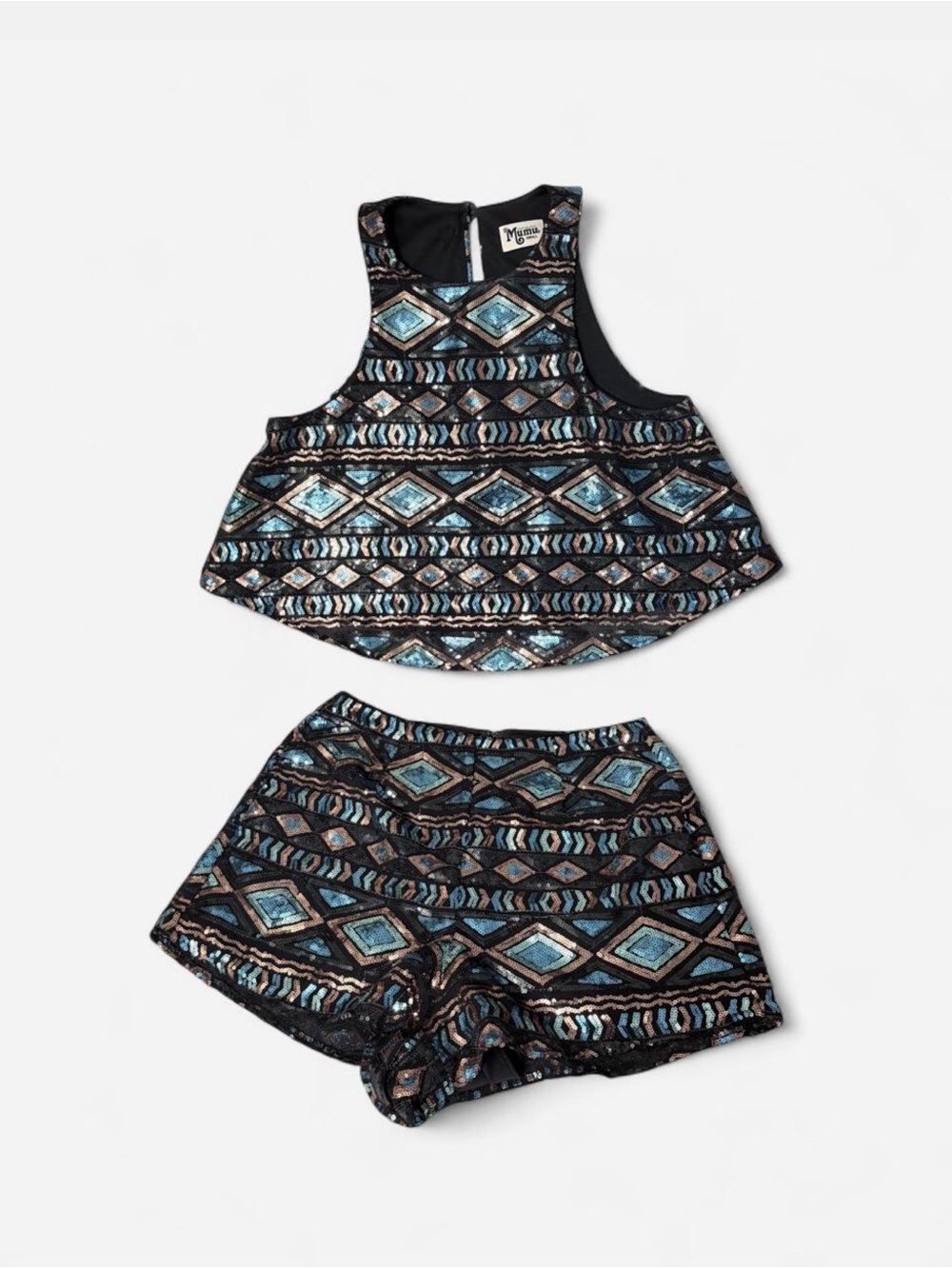Show Me Your MuMu Black Sequin Geo High-Waist Shorts Set with Teal Accents - Picture 9 of 9